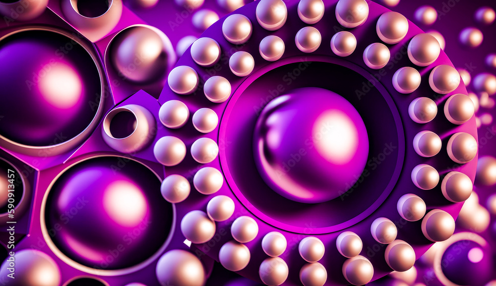 Poster close up of purple and white background with circles and balls on it. generative ai.