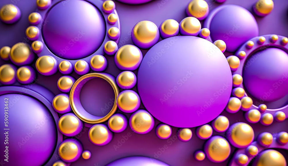Poster purple and gold background with bubbles and ring on the bottom of it. generative ai.