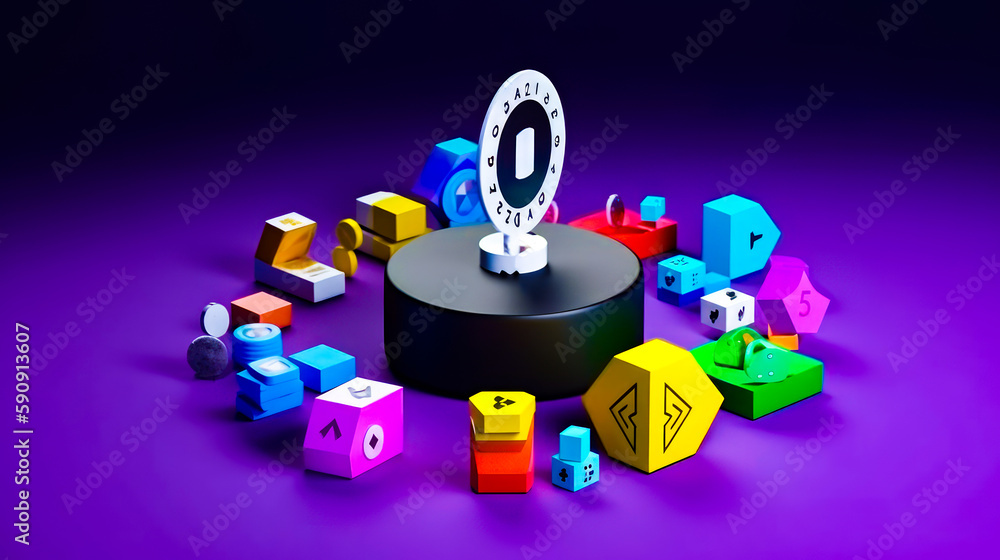Poster clock sitting on top of black stand surrounded by colorful blocks and numbers. generative ai.