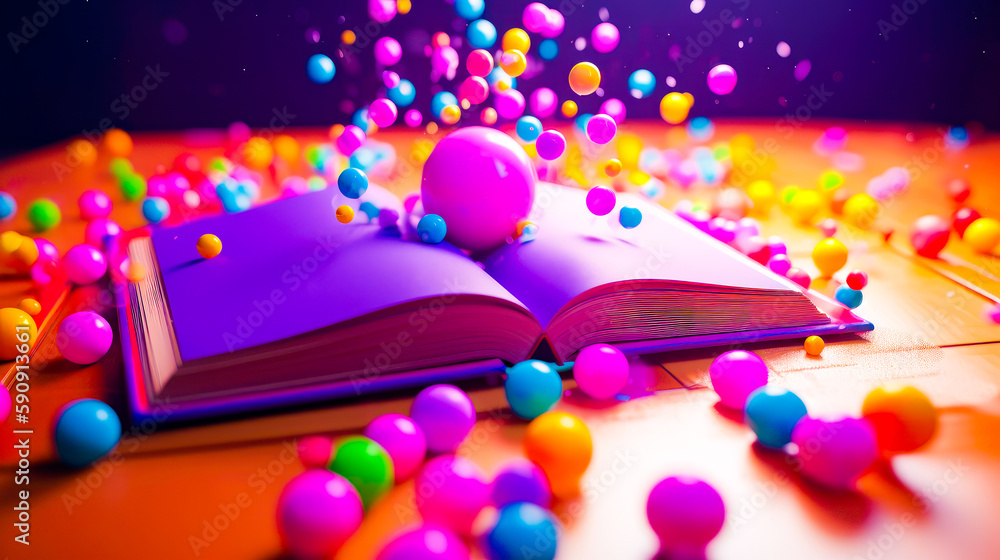 Poster open book sitting on top of table filled with lots of colorful balls. generative ai.