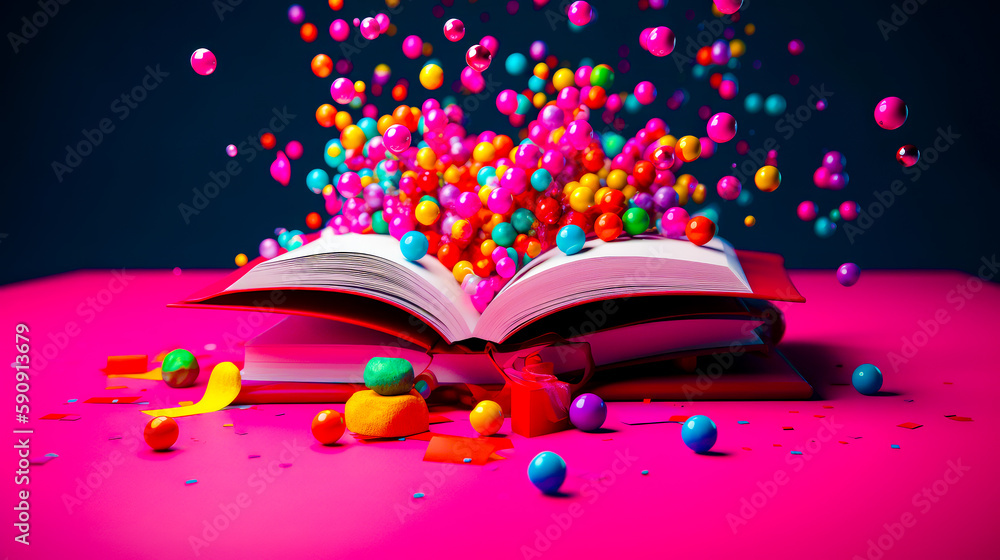 Aufkleber open book sitting on top of table next to pile of candy. generative ai.