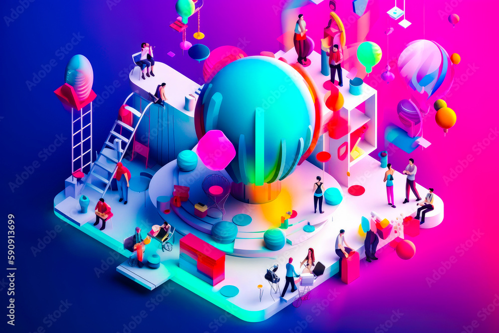Poster group of people standing on top of building with balloons and staircase. generative ai.