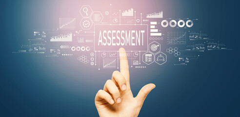 Assessment concept with hand pressing a button on a technology screen