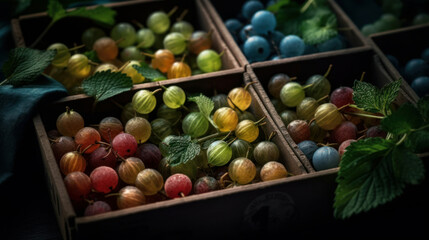 Wild berries, mixed gooseberries with leaves in a basket. Macro plan. Created by AI.