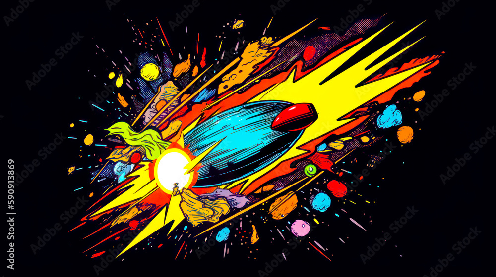 Poster colorful explosion with rocket ship in the middle of the space with stars and planets in the backgro