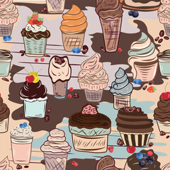 Vector image of sweets: cupcakes, cakes, ice cream, sweets, berries, strawberries, cherries.
Childish, cute, hand-drawn image
Image can be used for designer wallpapers, for textile, packaging, printin