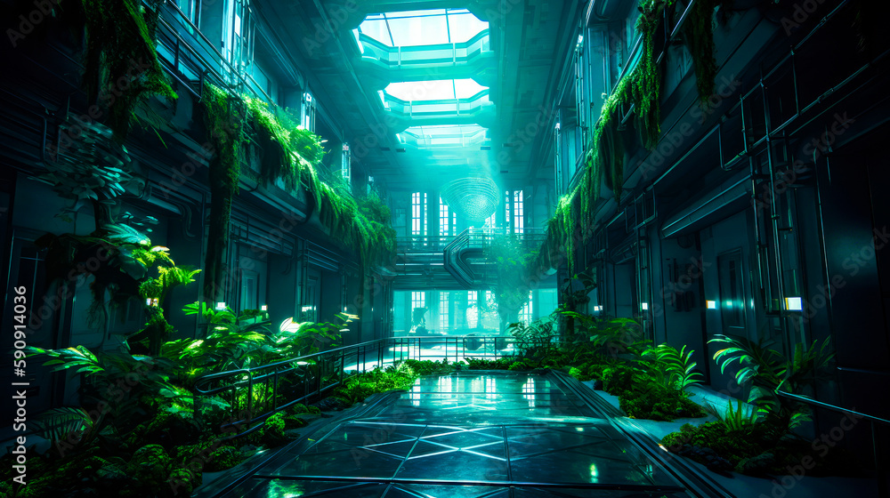 Poster very large building with lot of plants in the middle of it. generative ai.