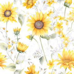 Fototapeta na wymiar Seamless texture with bright yellow sunflowers. Tile pattern. Generative AI