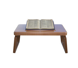3d illustration of a wooden, brown, and shiny reading table. An opened old book is placed on the book pedestal. 
