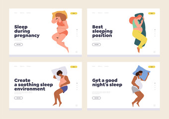 Set of landing page with tips for best sleeping position and bedding accessories during pregnancy