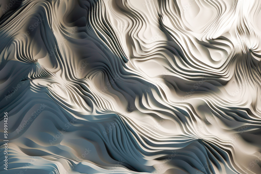 Poster 3d image of wavy surface with blue and white pattern on it. generative ai.