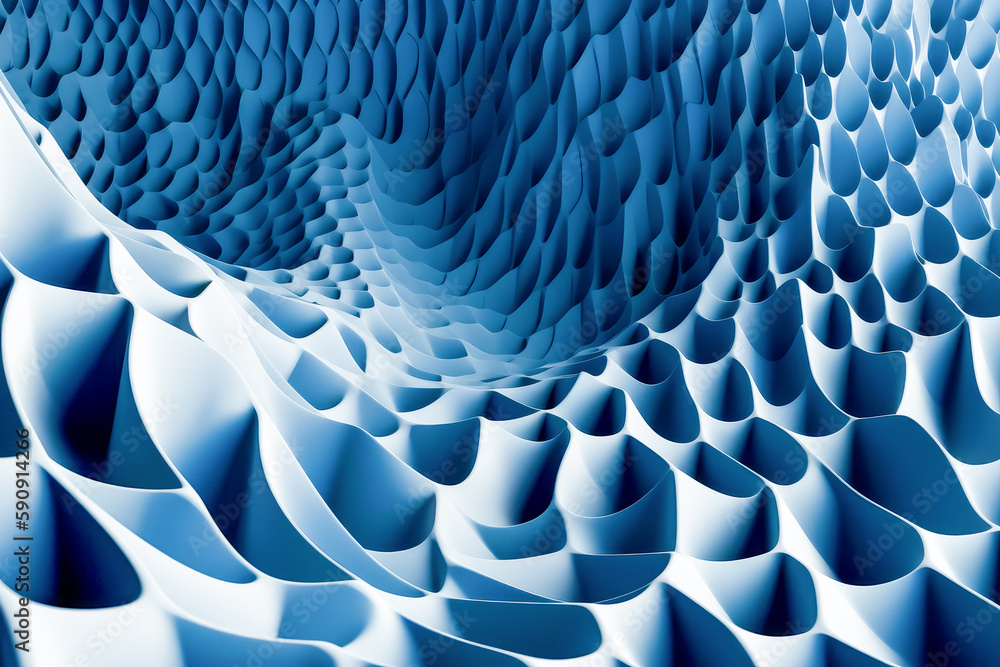 Poster computer generated image of wavy blue surface with large amount of ripples. generative ai.