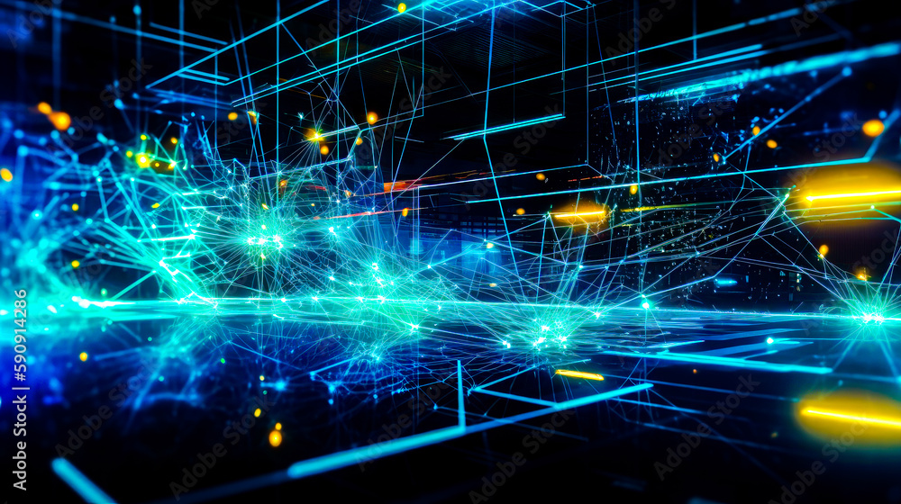 Aufkleber blue and yellow abstract background with lines and dots on black background. generative ai.