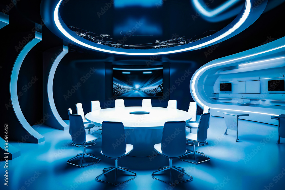 Poster round table surrounded by chairs in room with large screen on the wall. generative ai.