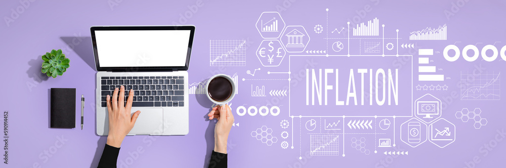 Poster inflation theme with person using a laptop computer