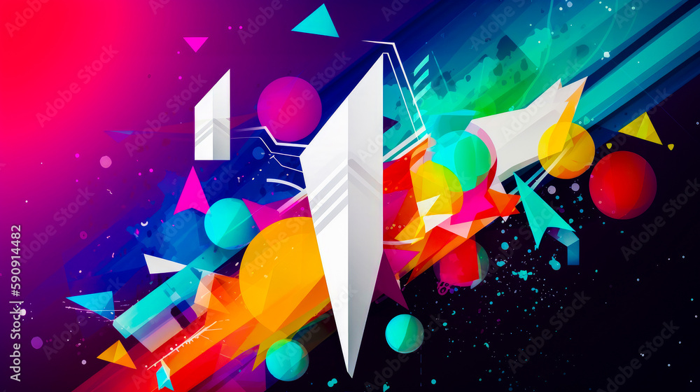 Poster colorful abstract background with rocket and lot of circles and shapes. generative ai.