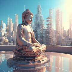 A white statue of a meditating Buddha against the backdrop of a futuristic city. Light colors, summer day. AI generated content.