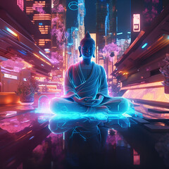 Buddha meditates in a space of neon light. Metaverse concept. AI generated content.
