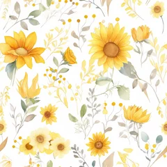 Fototapete Seamless texture with bright yellow sunflowers. Tile pattern. Generative AI © Nailya