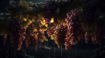 a bunch of grapes, assorted vineyards with leaves on the background. Macro plan. Created by AI.