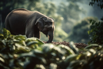 Cute elephant sniffing coffee beans. Sumatra coffee beans. Generative AI
