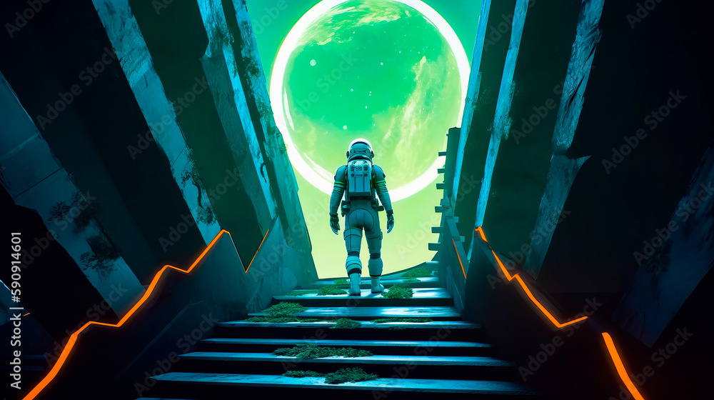 Poster man in space suit walking up some stairs to green planet. generative ai.