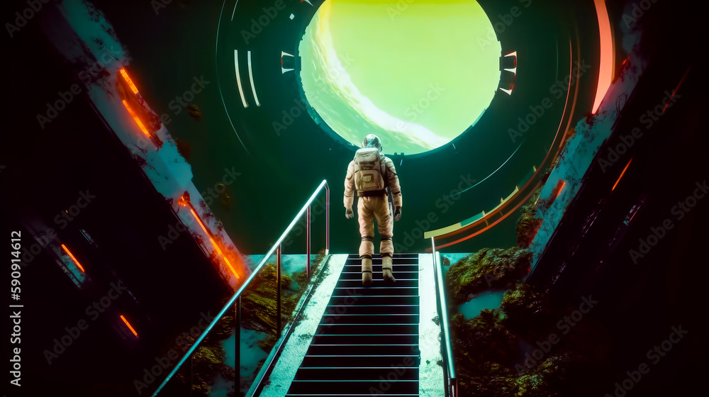 Poster man in space suit walking up flight of stairs towards giant green object. generative ai.
