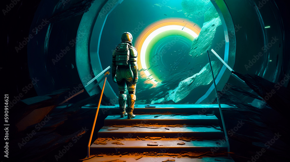Poster man in space suit walking up flight of stairs towards tunnel. generative ai.