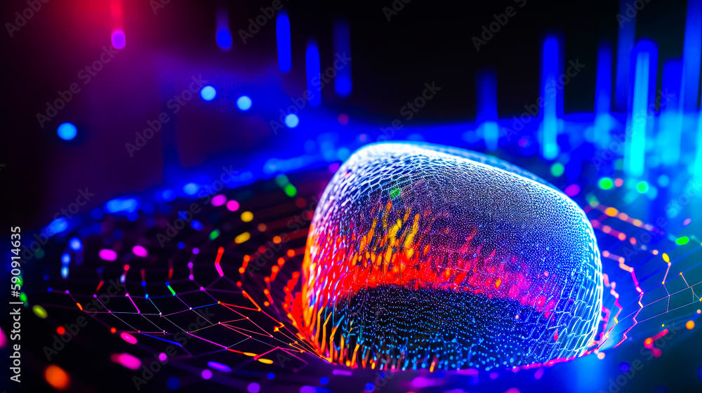 Poster colorful object is shown on black surface with colorful lights in the background. generative ai.