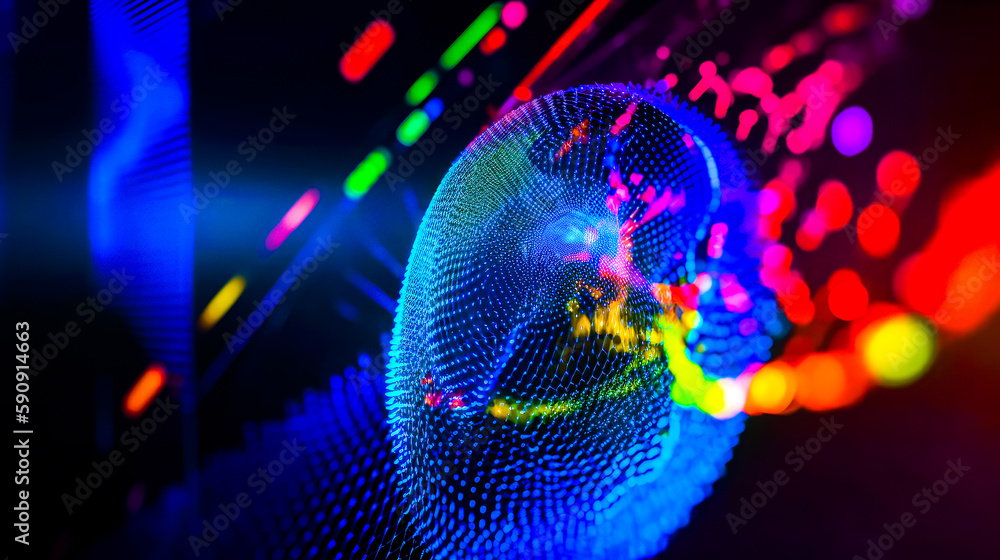 Poster abstract image of colorful object in dark room with bright lights. generative ai.