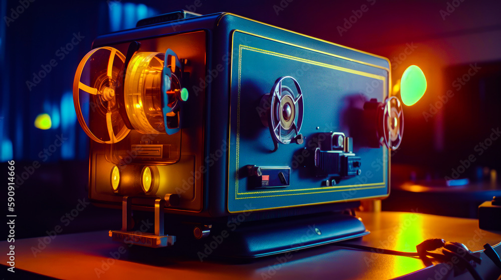 Aufkleber camera sitting on top of table next to red and yellow light. generative ai.