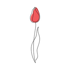 Red tulip flower icon vector. One line continuous drawing. Contour silhouette isolated. Linear illustration. Floral design, print, beauty branding, card, poster. Minimal contemporary drawing.