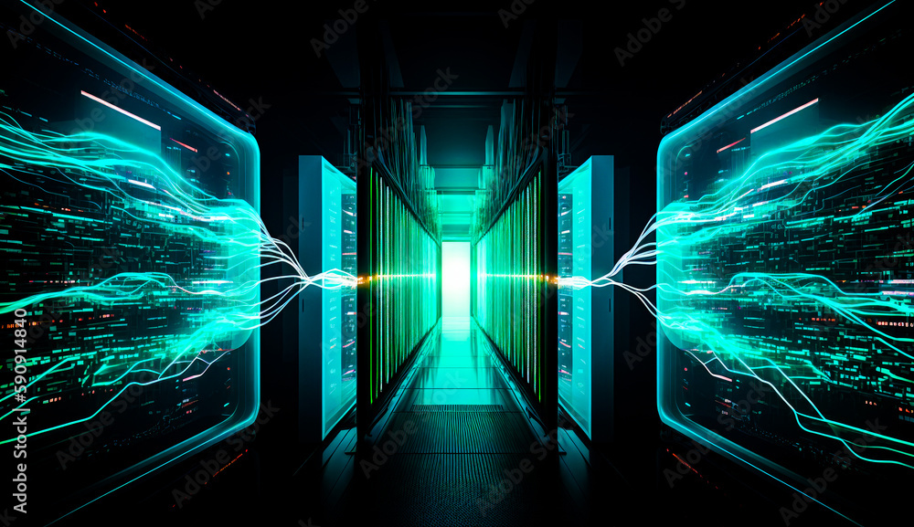 Aufkleber hallway in server room with bright light at the end of it. generative ai.