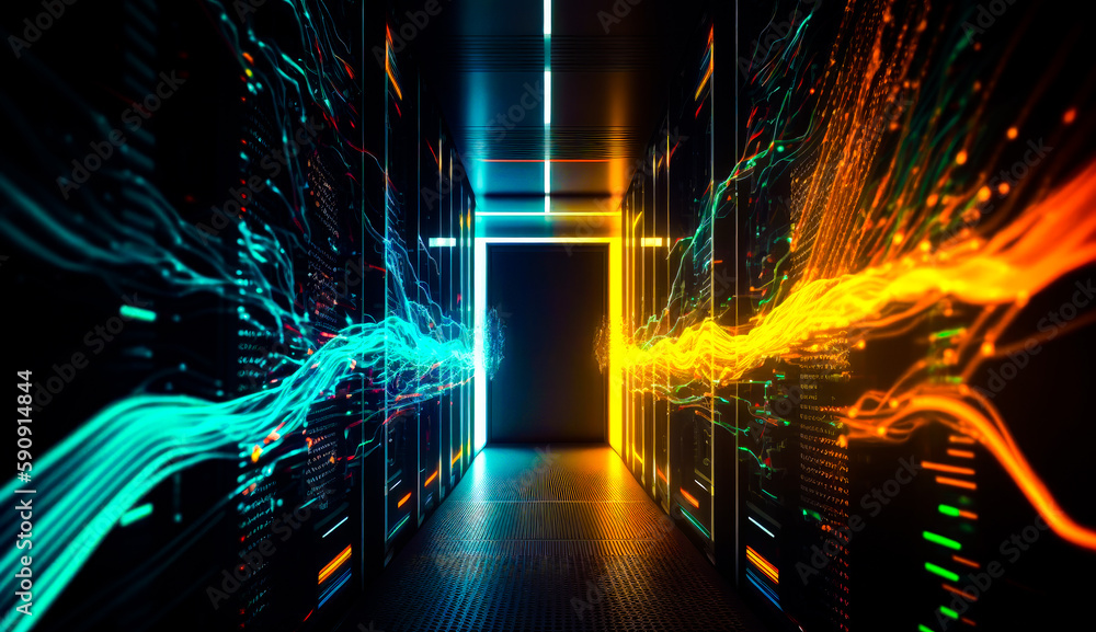 Poster dark hallway with neon lights and dark hallway leading to the exit. generative ai.