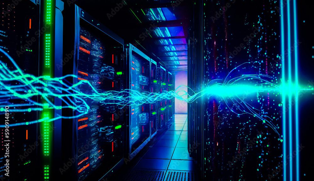 Poster server room filled with lots of colorful lights and data storage units in the middle of the room. ge