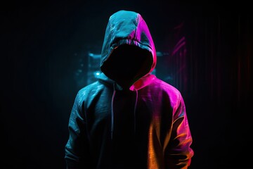 Naklejka na ściany i meble cybercriminal in hood with hidden face on dark background from cyberspace, generative ai.