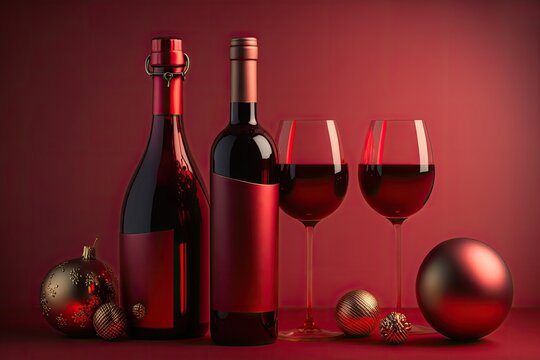 wine bottle and three glasses filled with red wine. Generative AI