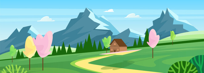 An idyllic spring scene landscape panorama with charming house surrounded by verdant green fields of grass and pink sakura trees in the wonderful mountains cartoon vector illustration.