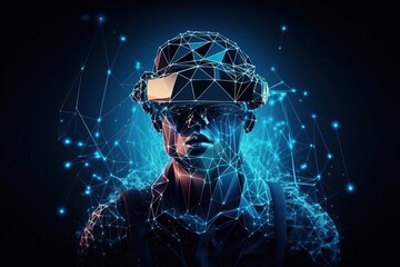 Obraz na płótnie Canvas Digital cyber world technology, Metaverse, Man wears vr glasses and feels virtual reality on his hands, generative AI.