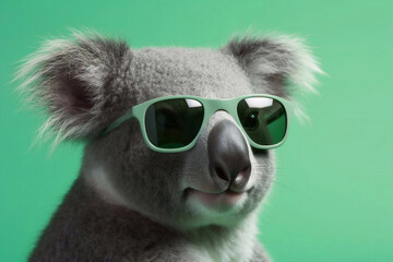 A Cute Australian Koala Wearing Green Sunglasses on a Light Green Background, Generative AI - 590915493