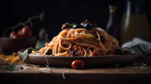 Italian spaghetti puttanesca pasta. Illustration AI Generative.