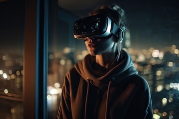 A young girl in glasses stands close by a large glass window, generative AI.