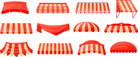 Store canopies. Red storefront canopy or striped awnings outdoor shop, sunshade sheltered market rain tent for roof restaurant window umbrella summer cafe, neat vector illustration © ssstocker