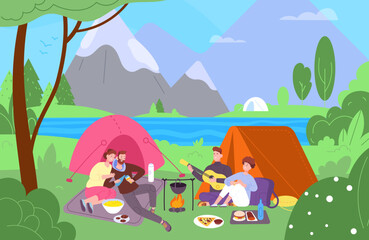 People campground. Family campsite, tourist group friends resting at bonfire on lake or river landscape, campcook outdoor scene travel tent equipment, splendid vector illustration