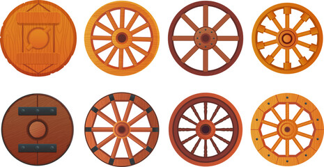 Wooden wheels. Cartoon wood wheel of ancient wagons or rustic wheelbarrows, vintage cartwheel with hub farm cart van wheeled vintage carriage isolated ingenious vector illustration © ssstocker