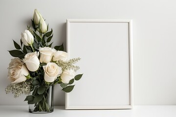 vase of white roses with an empty frame beside it, symbolizing a memory waiting to be captured. Generative AI