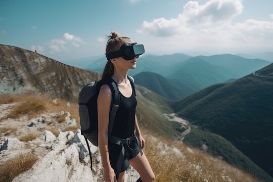 A girl tourist wears VR glasses on a hike in the mountains, generative AI