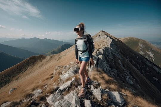 A girl tourist wears VR glasses on a hike in the mountains, generative AI