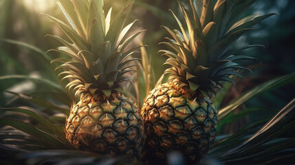 Plantation of exotic fruits, pineapples close-up in the mountain and fog. Created with AI.