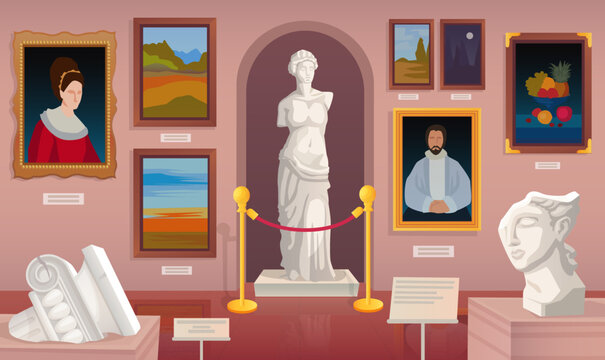 Museum statue. Sculpture anthropology exhibition and paintings on wall inside ancient castle or gallery hall, ancient old palace interior, cartoon ingenious vector illustration